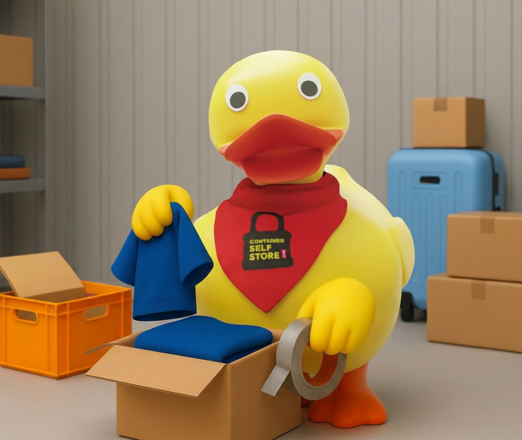 Duck mascot packing clothes and a suitcase for student storage