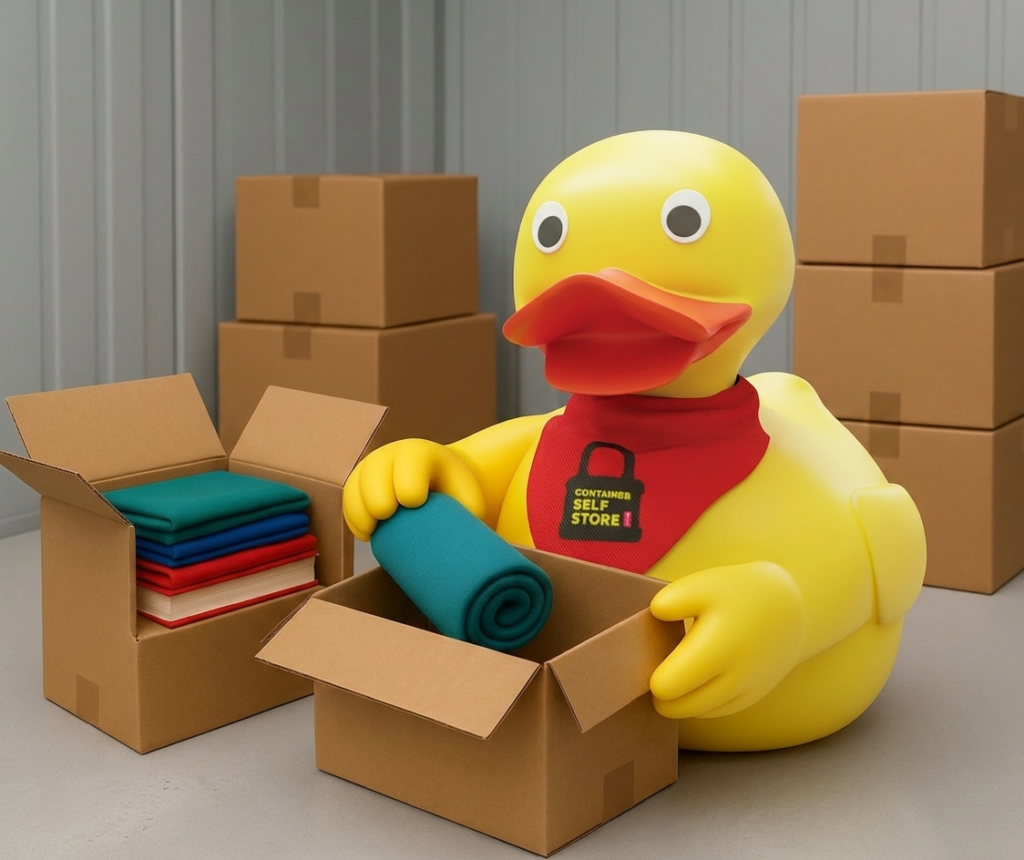 Duck mascot packing folded clothes into moving boxes