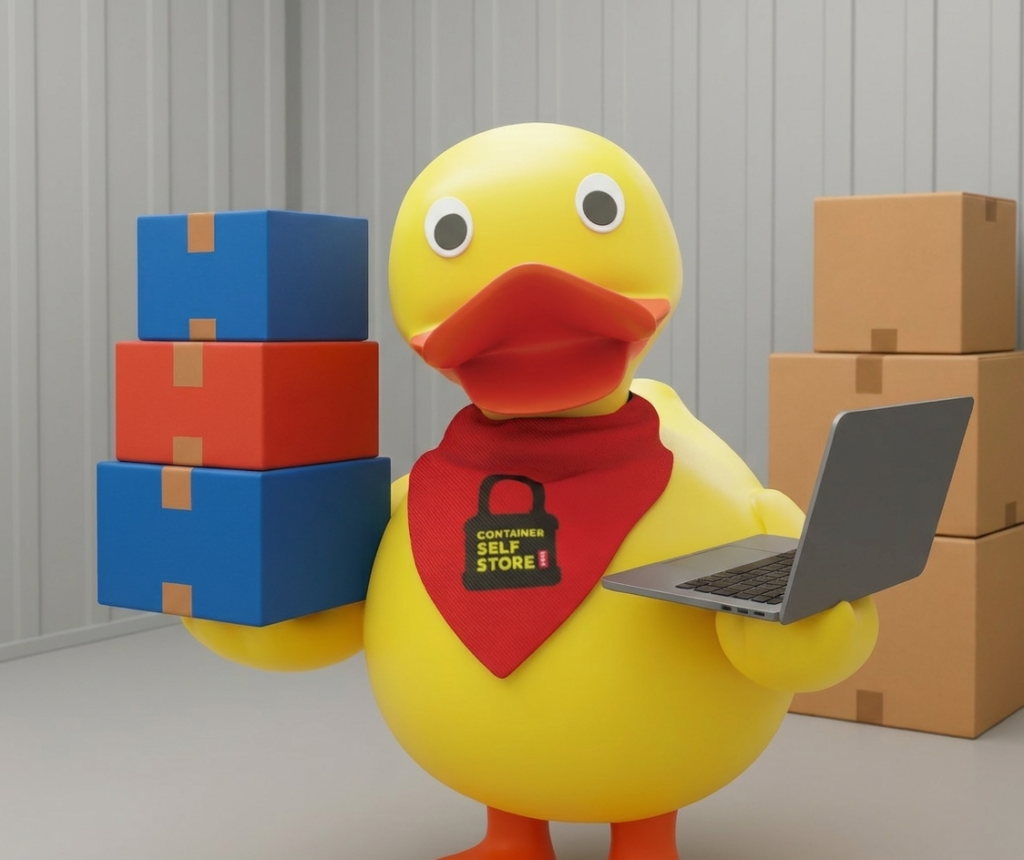 Container Self Store duck mascot holding boxes and a laptop