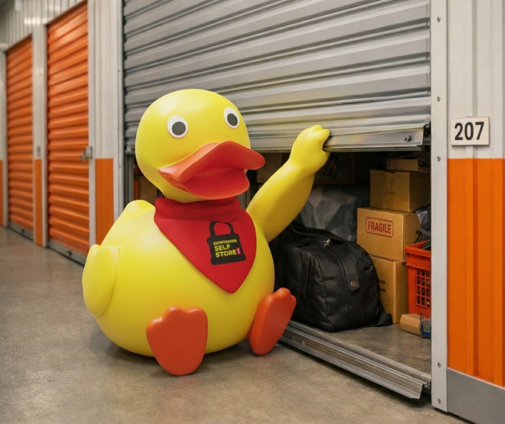 Container Self Store duck mascot opening a storage unit containing luggage and boxes