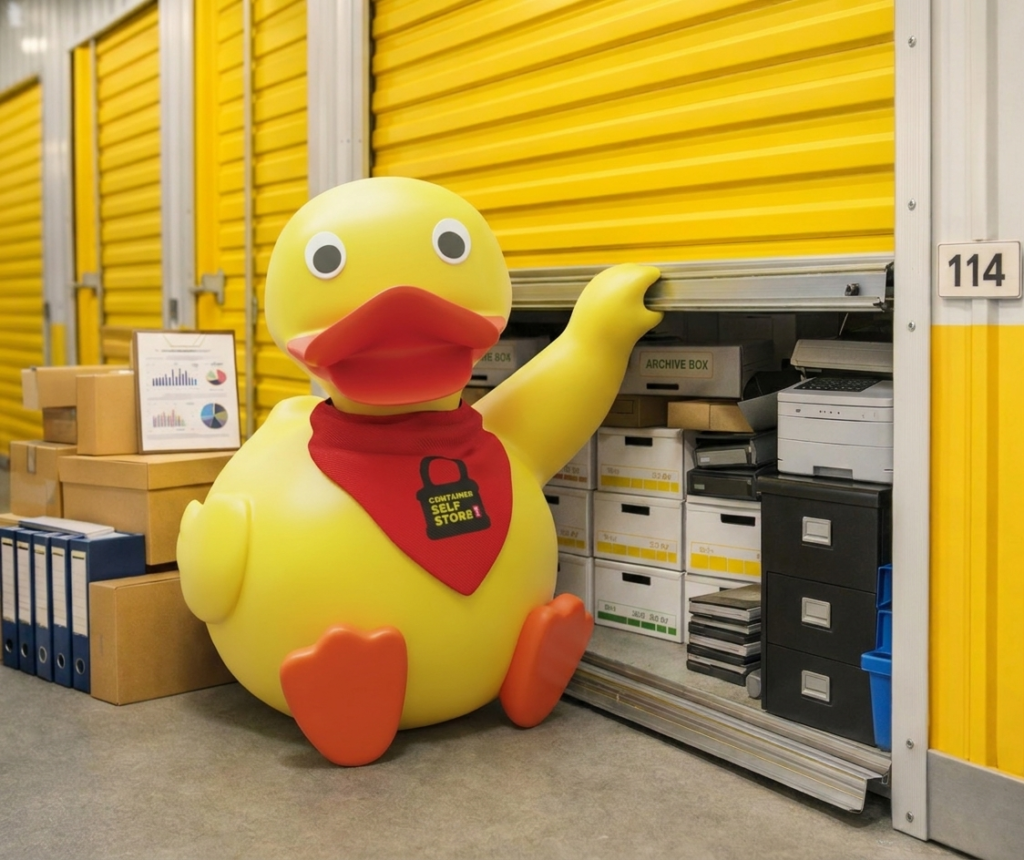 Duck mascot opening a yellow storage unit filled with archive boxes and files