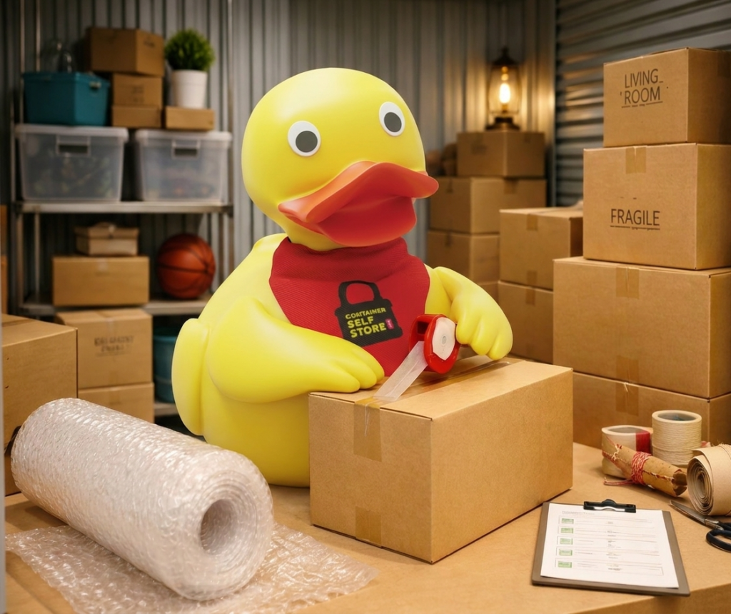 Duck mascot taping up a box with bubble wrap for long term storage
