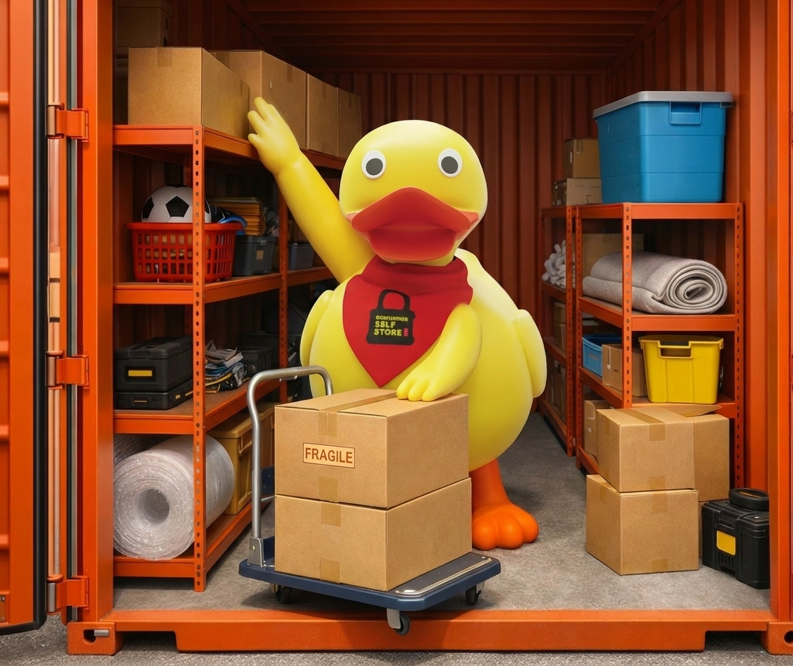 Duck mascot with shelving, boxes and a sack trolley inside an orange storage container