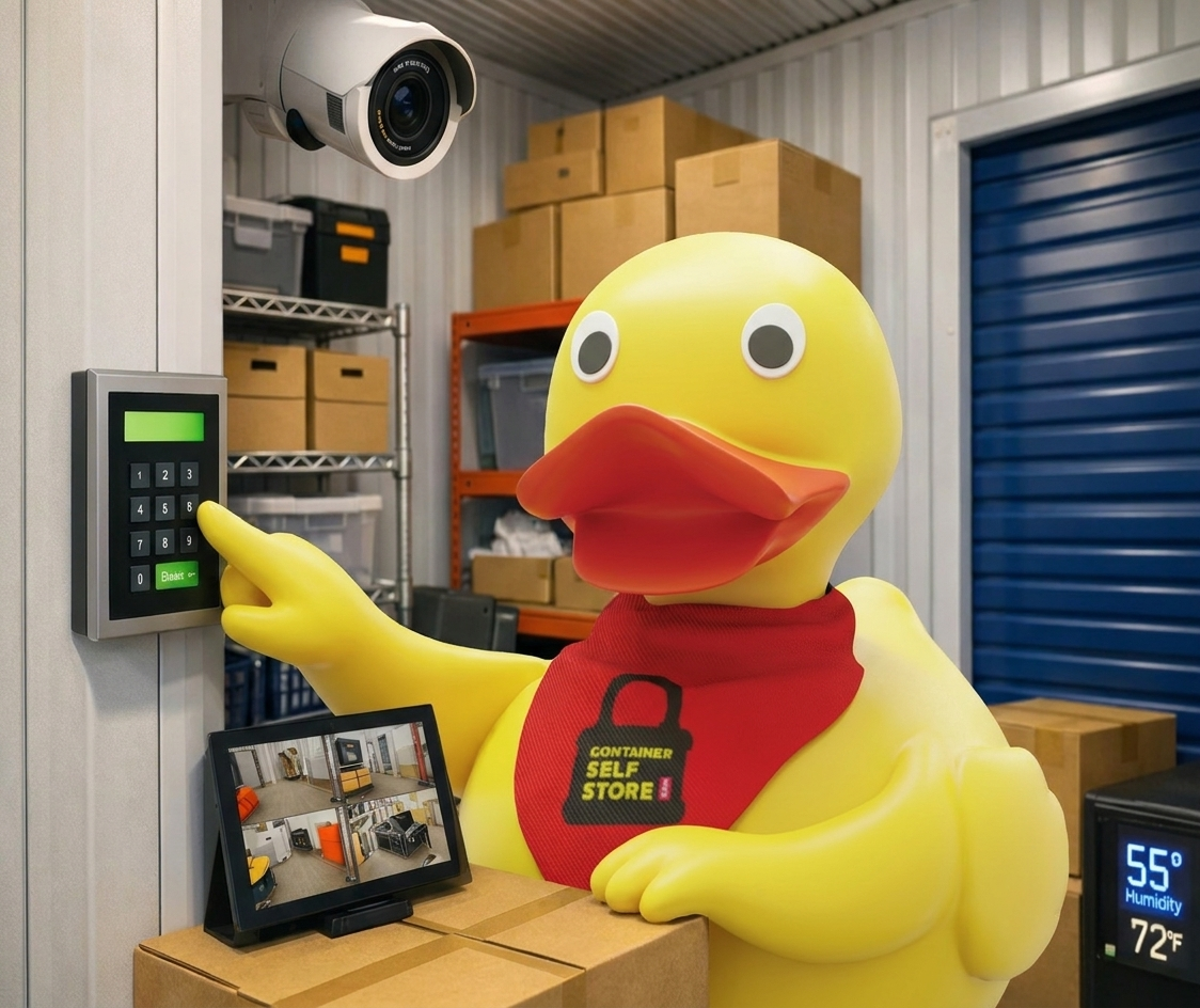 Duck mascot using a keypad entry system inside a storage unit