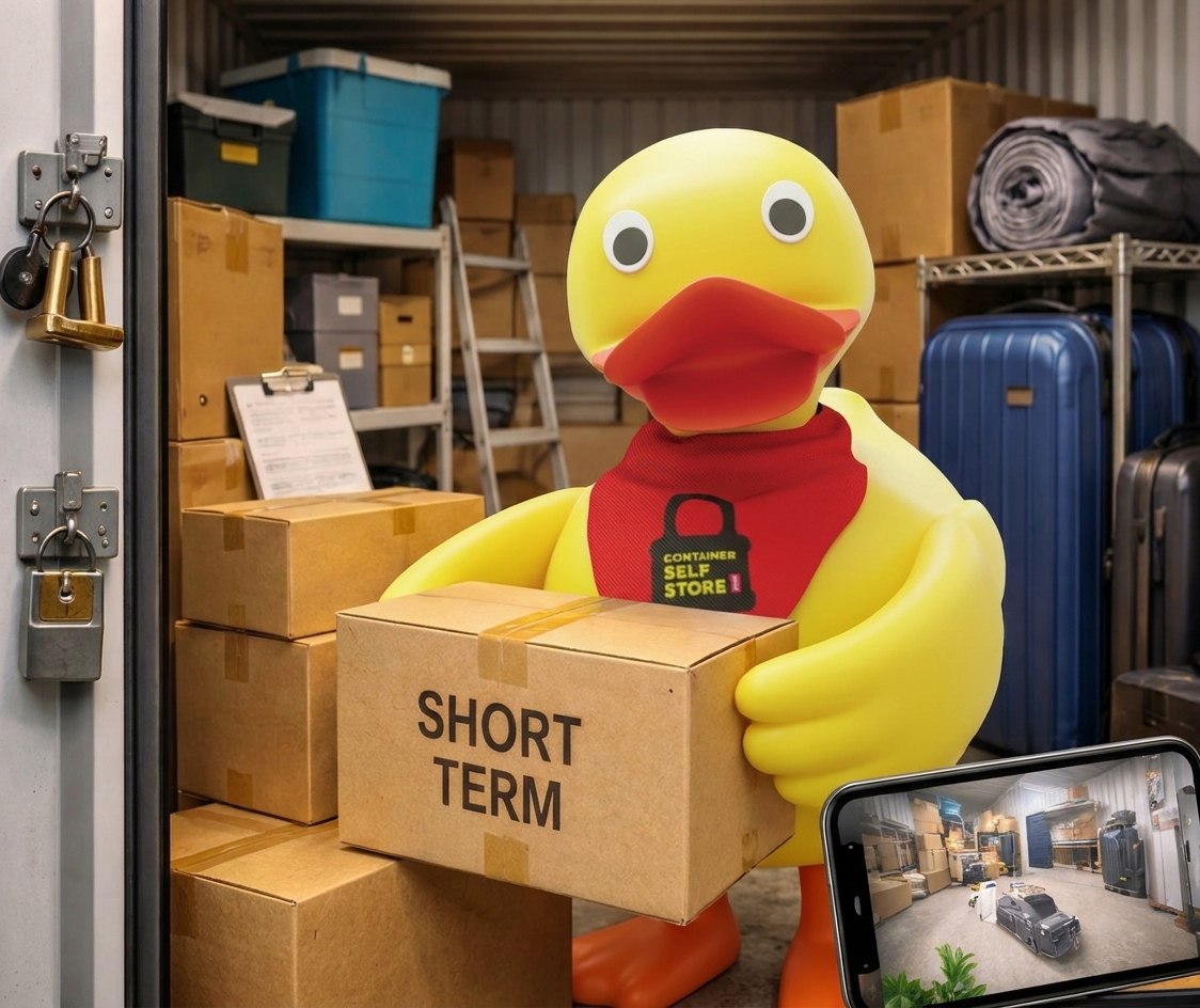 Duck mascot holding a box labelled short term inside a padlocked storage unit