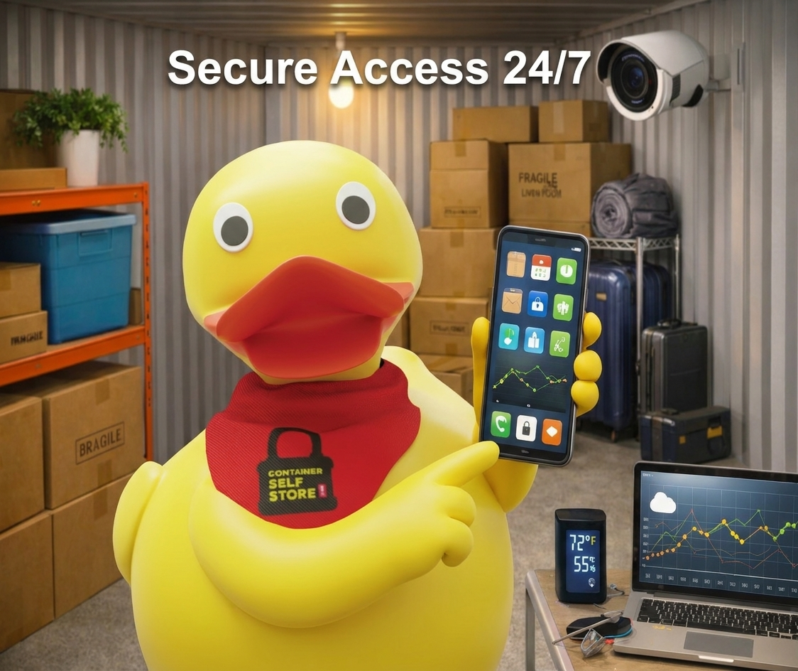 Duck mascot with a phone showing secure 24/7 access inside a storage container