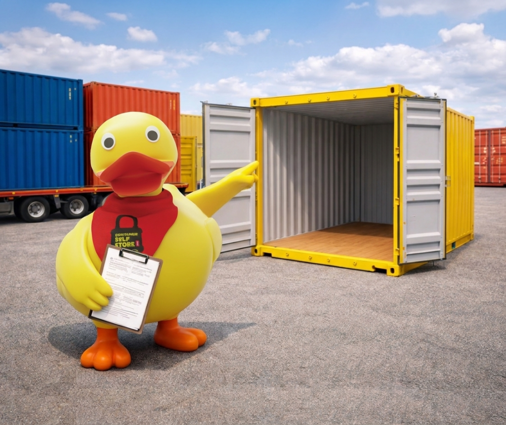 Duck mascot with a rental checklist pointing at an open storage container in a yard