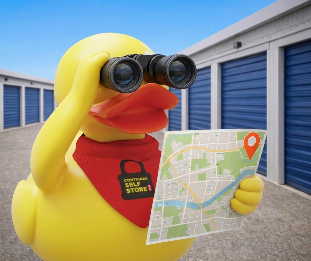 Duck mascot looking through binoculars at a map to find storage units nearby
