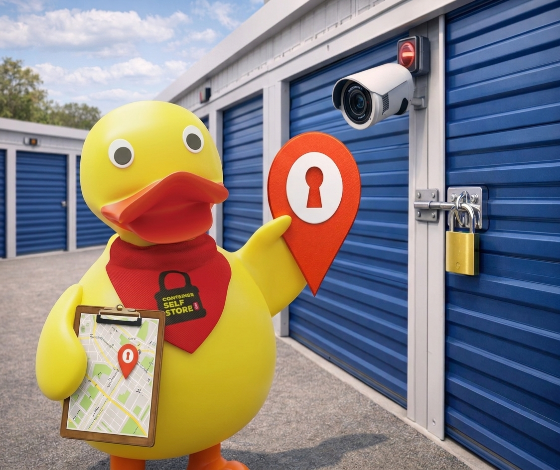 Duck mascot holding a map and a location pin beside a padlocked storage unit with CCTV
