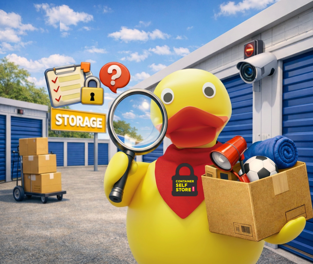 Duck mascot with a magnifying glass and a box of belongings outside a row of storage units