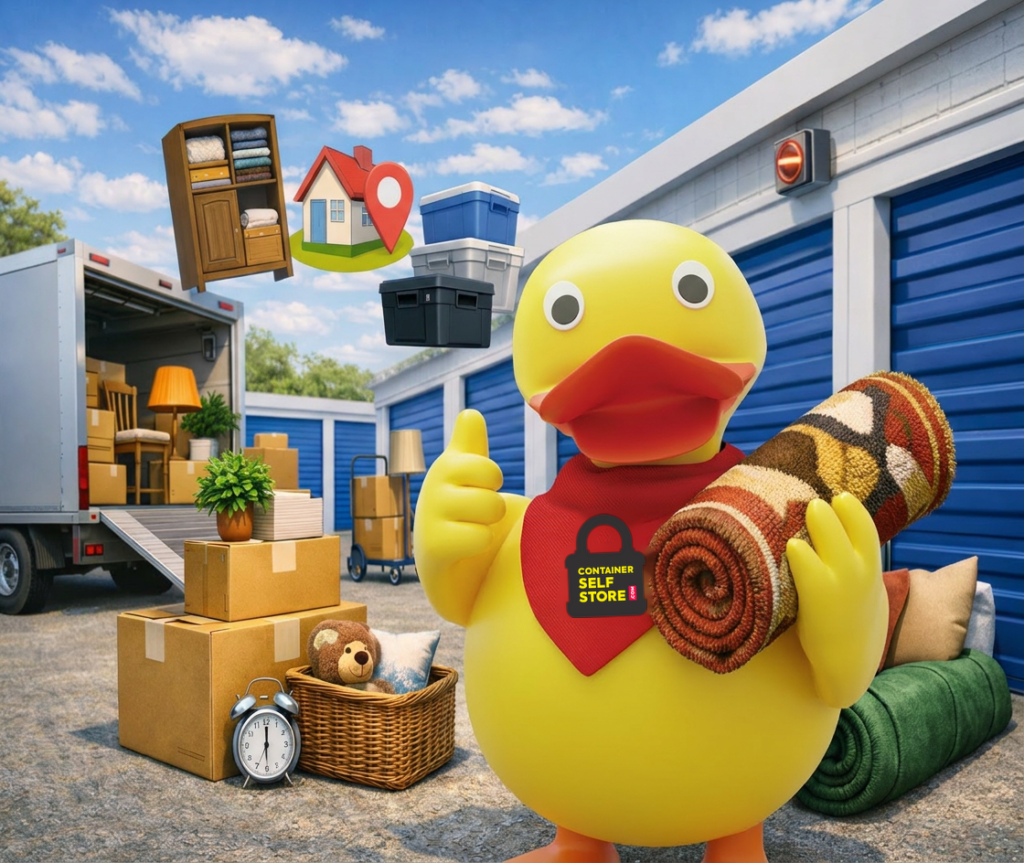 Duck mascot with a rolled rug and moving boxes beside a removal van beside storage units