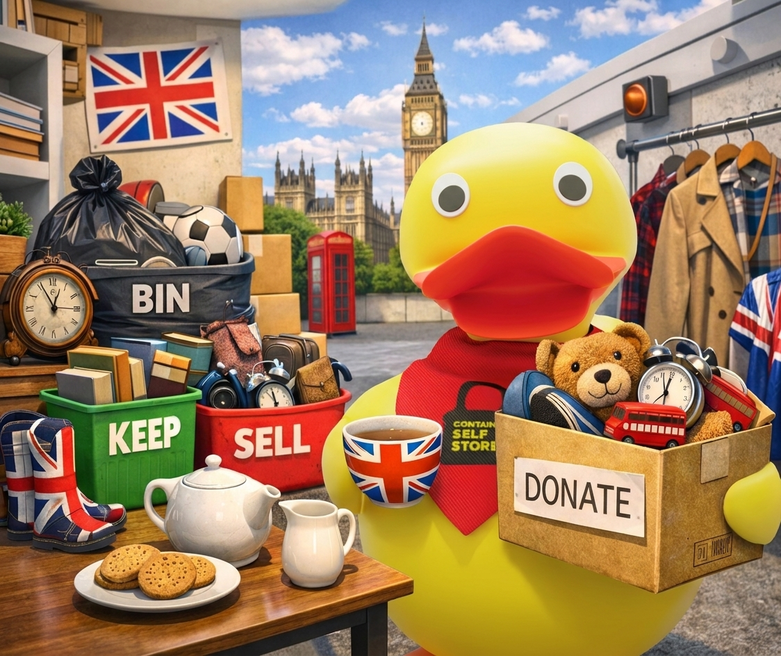 Duck mascot sorting household clutter into keep, sell, bin and donate boxes