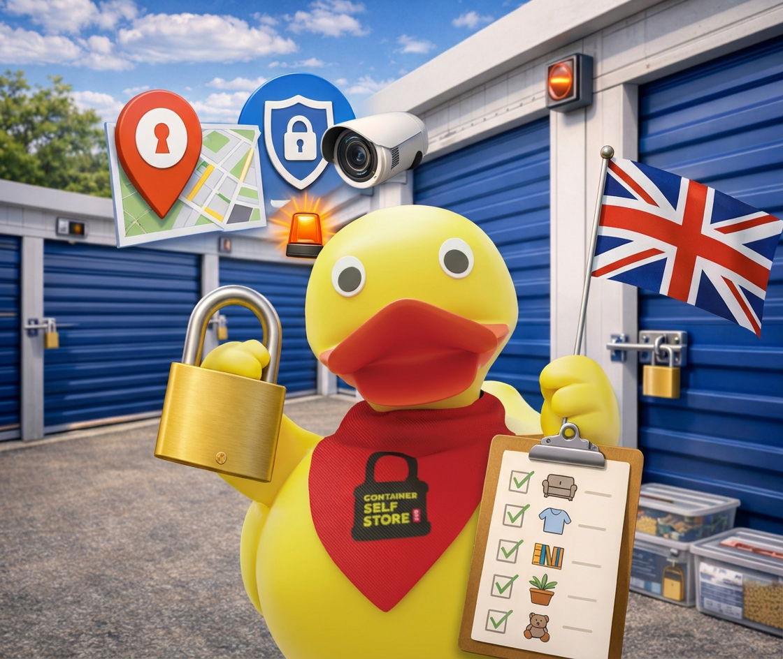 Duck mascot with a padlock and security checklist outside a row of storage units
