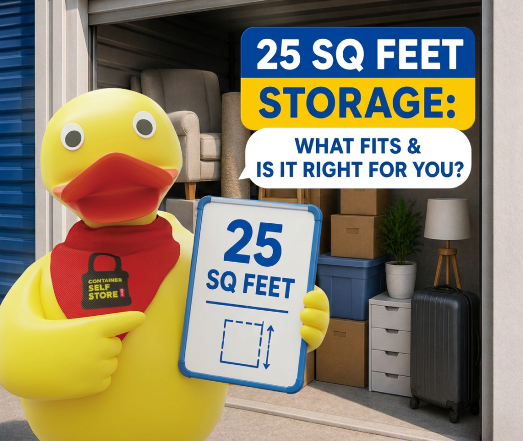 Duck mascot holding a 25 sq ft sign outside a storage unit packed with boxes and furniture