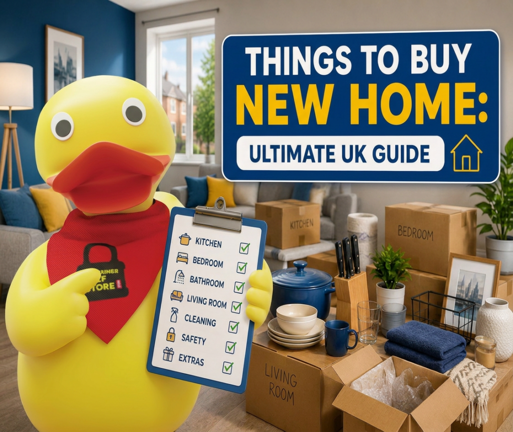 Duck mascot with a room-by-room checklist among moving boxes in a new home